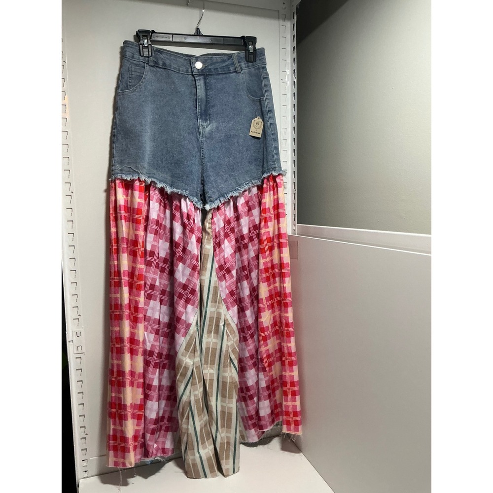 FP Movement Denim Plaid Patchwork Maxi Skirt Multi Color High Waist Size M